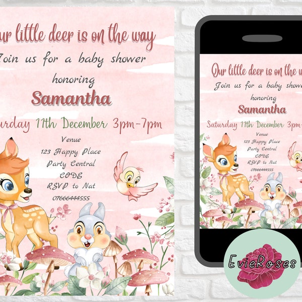 Baby Deer Baby Shower Invite, Bambi Baby Girl Shower Text Evite, Cute Baby Animal Shower Invite, It's a Girl Baby Shower Invite E258