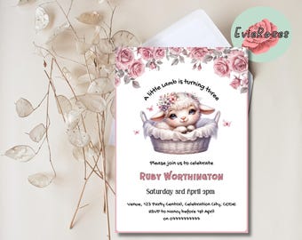 May include: A pink and white invitation card with a floral border. The card features a cartoon lamb in a basket and the text "A little Lamb is turning three". The invitation is for Ruby Worthington's third birthday party on Saturday, April 3rd at 2pm. The venue is 123 Party Central, Celebration City, CODE. RSVP to Nancy before April 1st at ㅇㅋㅋㅋㅋㅋㅋㅋㅋㅋㅋ.