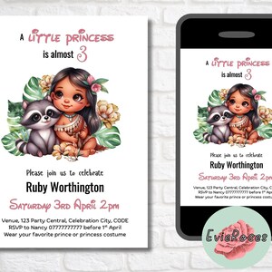 Faire-part d'anniversaire Pocahontas, bébé princesse numérique Evite, carte RSVP imprimable raton laveur mignon, décoration feuille de la jungle, fête de filles, rose