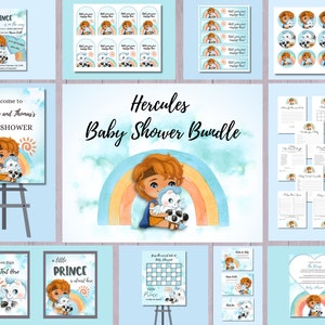 Paquete de baby shower de Hércules, invitación del Principito, texto de superhéroe para bebés Evite, decoración del arco iris azul y naranja, baby shower para niños