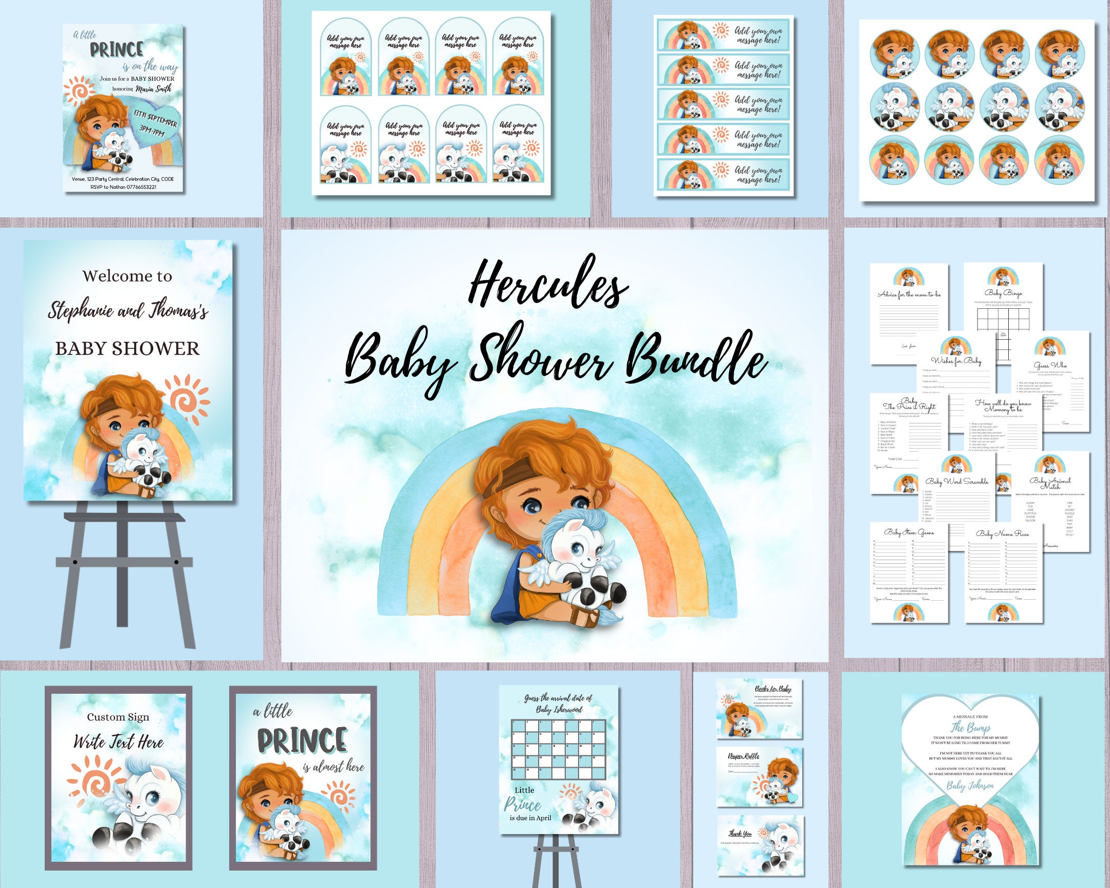 Hercules Baby Shower Bundle, Little Prince Invitation, Baby Superhero Text Evite, Blue and Orange Rainbow Decor, Boys Baby Shower