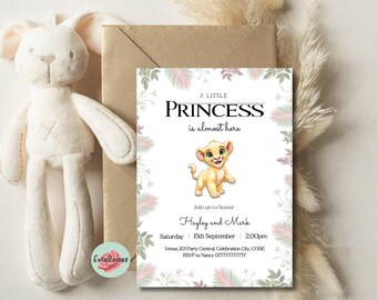 May include: A baby shower invitation with the text "A Little Princess is almost here" and a cartoon lion cub illustration. The invitation is decorated with floral elements and includes event details. A plush bunny and envelope are in the background.