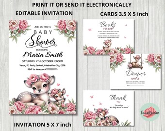 Può includere: Invito per baby shower stampabile con un design floreale che presenta un cerbiatto e un cerbiatto neonato. L'invito misura 12,7 x 17,8 cm e include il testo "Join us for a Baby Shower Honoring Maria Smith".