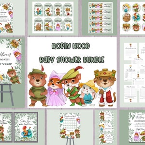 Paquete de baby shower de Robin Hood, invitación editable, carteles de bienvenida, etiquetas, adornos, juegos de ducha, etiquetas para biberones, tarjeta de rifa de pañales
