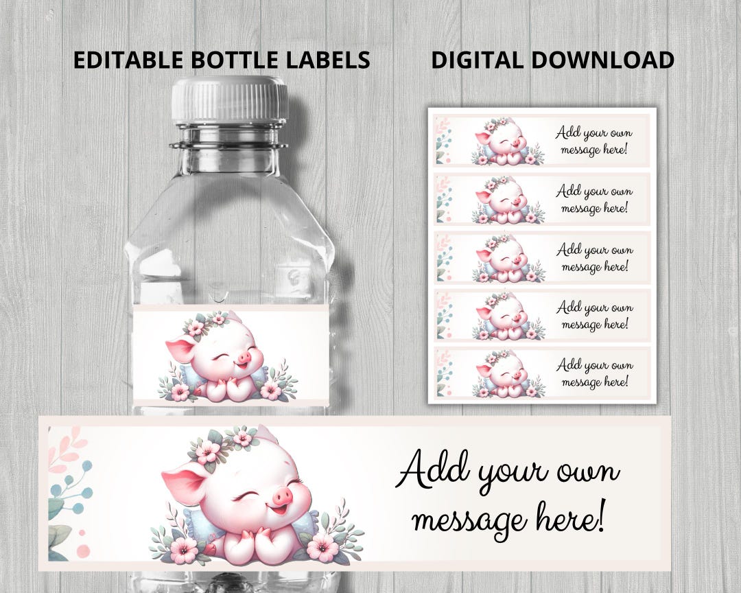Pig Bottle Labels, Neutral Piglet Party Decor, Printable Pig Labels for ...