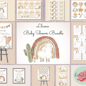 Lot baby shower lama, décoration bohème pour baby shower, invitation aquarelle arc-en-ciel, enseignes, étiquettes, décorations de décoration, étiquettes, jeux, cartes de remerciement