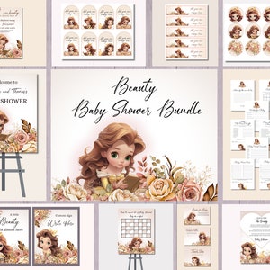 Pacchetto Baby Shower La Bella e la Bestia, Invito Baby Shower Principessa, Cartelli di benvenuto Boho Rose, Etichette per bottiglie, Tag, Toppers, Giochi, Decorazioni