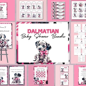 Welpe Babypartyeinladung Bundle, Dalmatiner einladen Hot Pink Party einladen, druckbare Hundeschilder, rosa und schwarze Tags, Topper, Duschspiele