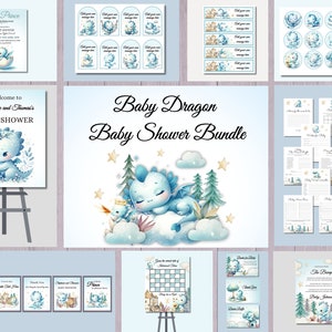 Blauer Drache, Baby Shower Bundle, Baby Drache Einladung, Fabelwesen Party Dekoration, Schilder, Tags, Topper, Etiketten, Spiele, Dankes-Karten