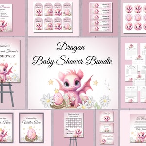 Pink Dragon Baby Shower Bundle: Girls Invitation, Signs, Tags (Digital Download)