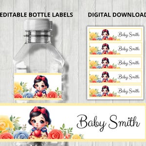 Sneeuwwitte flesetiketten, roosfeestdecor, afdrukbaar prinsessenlabel voor meisjes verjaardag of babyshower, bewerkbaar label, rood, blauw, geel