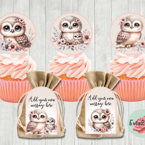 Owl Cupcake Toppers and Gift Tags, Pink Boho Party Decor, Woodland Bird Printable Supplies for Girls Baby Shower or Birthday E1634