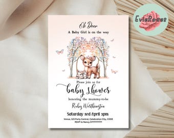 Può includere: Invito per baby shower con un'illustrazione di un cervo e un cerbiatto sotto un albero. Il testo recita "Oh Deer, A Baby Girl is on the way." L'invito include data, ora e luogo.