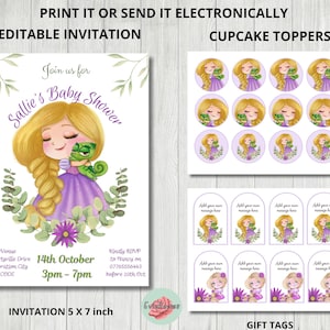 Cute Rapunzel Invite Bundle, Princess Gift Tags, Purple Cake Toppers, Fairy Tale Party Decor, Princess Baby Shower Printable Bundle