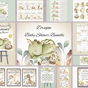 Pacote de chá de bebê de criatura mítica, convite para festa de ovo de dragão, placas de boas-vindas, rótulos de garrafas, etiquetas, chapéus de coco, jogos, cartões de agradecimento