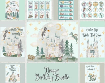 May include: A printable dragon birthday party bundle with a light blue background. The bundle includes a welcome sign, a custom sign, a sign that says "A little prince is nearly 5", a sign that says "A little prince is turning 6", a sign that says "Our little prince turns 4", and a sign that says "Dragon Birthday Bundle".