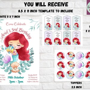 Cute Mermaid Birthday Party Bundle, Colorful Princess Party Editable Invite, Baby Mermaid Gift Tags, Fantasy Character Cake Toppers