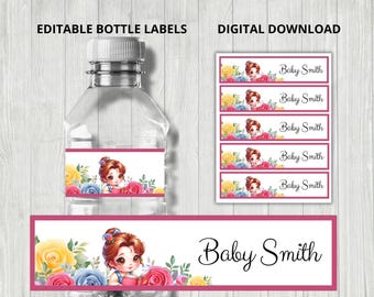 May include: Printable water bottle labels featuring a cartoon illustration of a girl with red hair and a floral design. The labels say "Baby Smith".