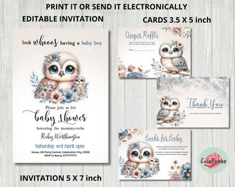 May include: Printable baby shower invitation with a blue and pink owl design. The invitation is 5 x 7 inches and includes the text "look whooos having a baby boy".