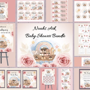 Pacote de chá de bebê Noahs Ark, decoração floral Dusty Rose, convite editável, placas, etiquetas, toppers, rótulos, jogos, cartões, pacote completo
