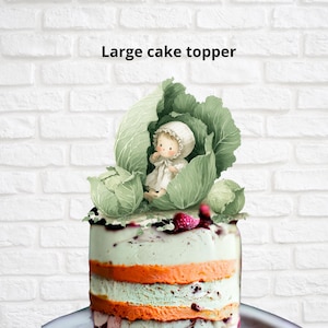 May include: A layered cake with orange and blue-green frosting, topped with a cabbage and a doll wearing a bonnet. The text "Large cake topper" is above the cake.