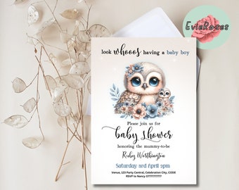 May include: A baby shower invitation with a blue and white owl illustration. The text reads "look whooos having a baby boy" and "Please join us for baby shower honoring the mummy-to-be Ruby Worthington Saturday 3rd April 2pm Venue, 123 Party Central, Celebration City, CODE RSVP to Nancy 07777777777"
