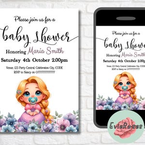 Baby Rapunzel Invite, Girls Baby Shower Evite, Editable Princess Party RSVP Card, Purple and Pink Floral Princess Decor, Baby Princess E1987