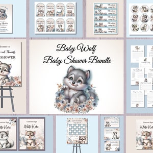 Op de afbeelding: Een baby shower-pakket met een bos-thema met een schattige grijze wolf-illustratie. Het pakket bevat een welkomstbord, uitnodigingen, bedankkaartjes, spelkaarten en andere printbare items. De tekst "Baby Wolf Baby Shower Bundle" staat op het bord.