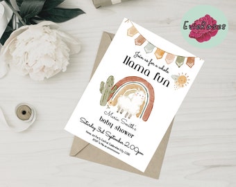 Llama Baby Shower Invitation, Boho Text Evite, Watercolor Rainbow Party Decoration, Digital Download E1485