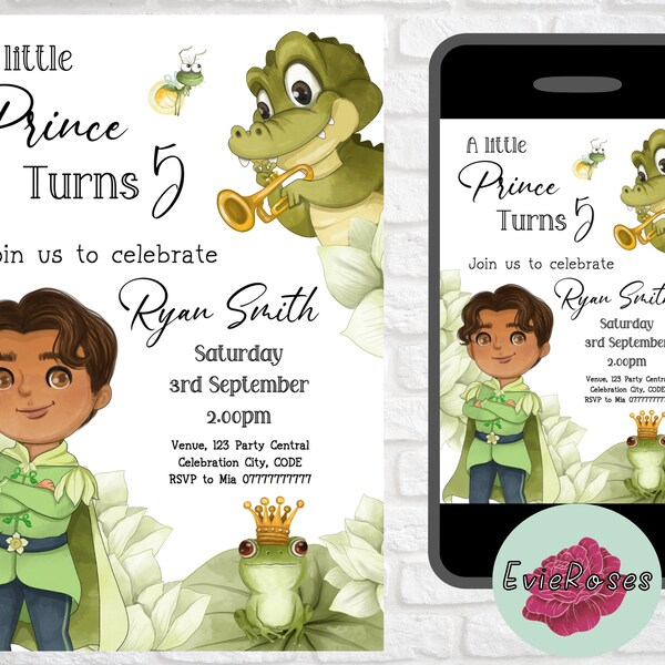 Prince Birthday Invite, Princess and the Frog Decoration, Birthday Boy Text Evite, Green Party Decor, Digital Download E1117