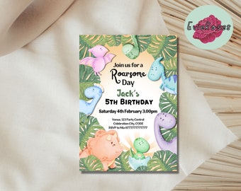 May include: A colorful dinosaur-themed birthday invitation. The invitation features various cartoon dinosaurs, green foliage, and the text "Join us for a Roarsome Day Jack's 5th Birthday". The invitation is surrounded by green leaves and has a light background.