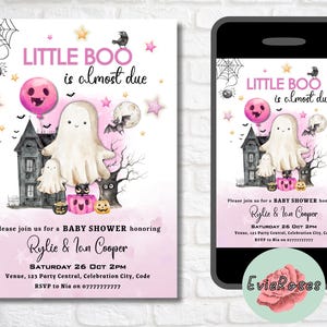 Invitation baby shower Little Boo, invitation fantôme rose, carte RSVP imprimable saison effrayante, baby shower de filles, déco citrouille rose, fuchsia