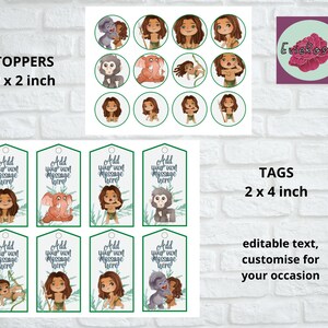 May include: Printable digital download of 2 inch round toppers and 2 by 4 inch tags featuring a jungle theme with a cartoon boy, animals, and the text "Add your own message here".