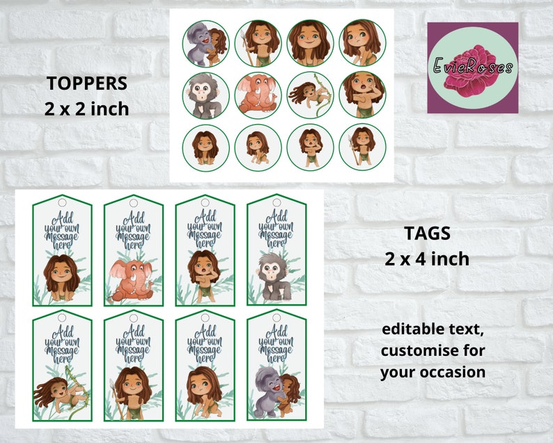 May include: Printable digital download of 2 inch round toppers and 2 by 4 inch tags featuring a jungle theme with a cartoon boy, animals, and the text "Add your own message here".