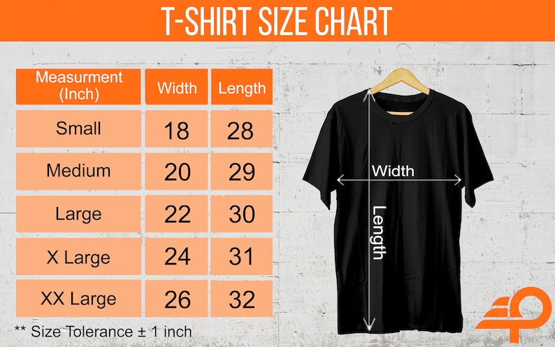 May include: T-shirt size chart with measurements in inches for small, medium, large, X-large, and XX-large sizes. The chart shows the width and length of each size. A black t-shirt is shown hanging on a wooden hanger.