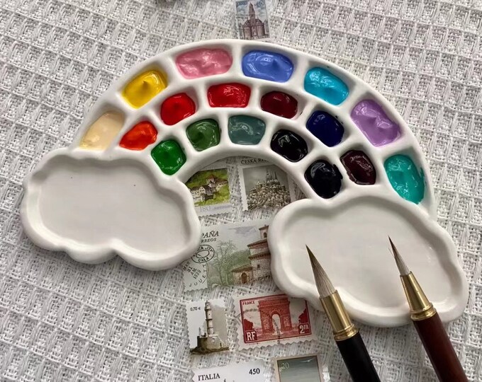 Ceramic Paint Palette,Rainbow Watercolor Palette,Handmade Porcelain Paint Palette, Gift for Artist,Gift for Painters