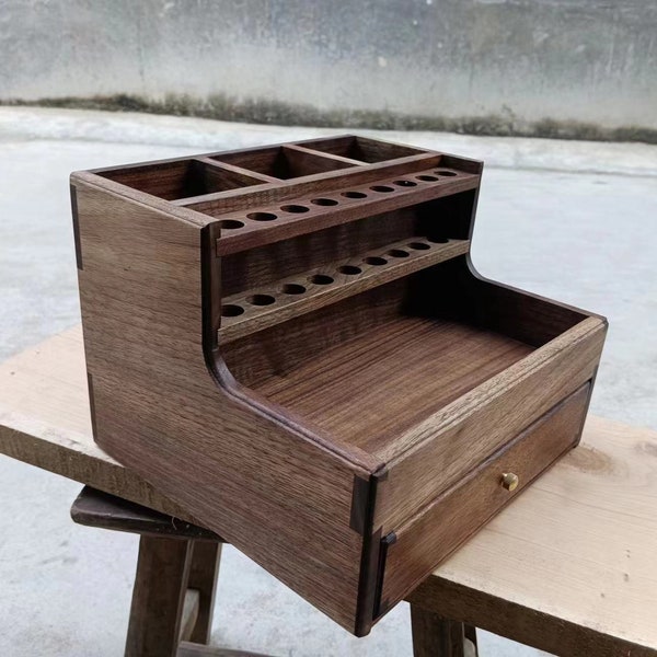 Walnut Wood Desktop Organizer With Drawer