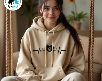 Felpa con stampa di zampa per cani Heartbeat per amanti dei cani Felpa con cappuccio Heartbeat Line per mamma di cani Maglione con stampa di zampa di gatto Felpa regalo veterinario tecnico Pullover