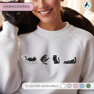 Embroidered Cat Sweatshirt for Women Black Cat Embroidered Crewneck Cute Cat Sweater Embroidery Minimalist Cat Pullover gift for Cat Lover