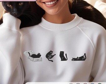 Felpa con ricamo a forma di gatto: girocollo minimalista con gatto nero