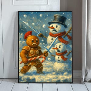 May include: A framed print depicts a humorous winter scene. A gingerbread man in armor faces two snowmen, all wielding swords. The snowmen wear red scarves and the gingerbread man holds a candy cane. The background is a snowy landscape.