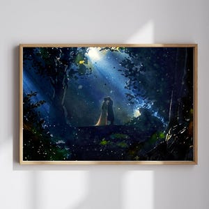 May include: Watercolor painting of a romantic scene in a forest. A couple is embracing under a beam of light. The artwork is framed in a light brown wooden frame. The forest is dark with lush green foliage.