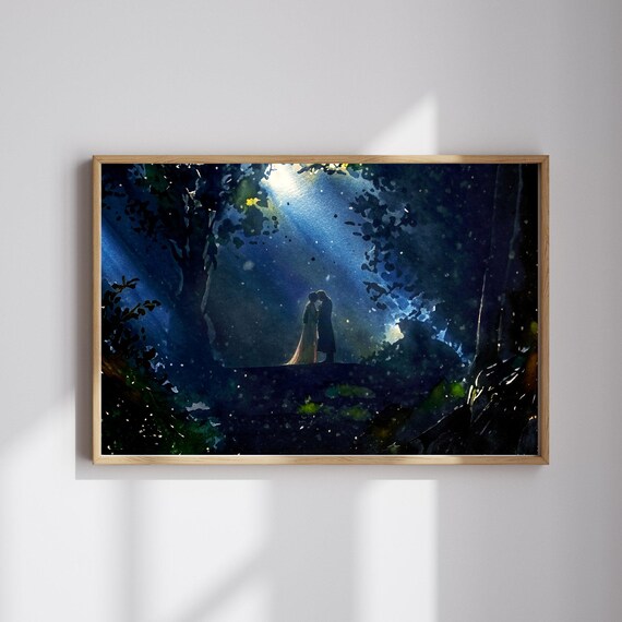 LOTR Forest Scene Digital Print, Arwen Aragorn Silhouette, Romantic Fantasy Art Instant Download
