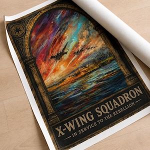 May include: A rolled canvas print featuring an oil painting style depiction of X-wing starfighters flying through a vibrant, colourful sky framed by a dark archway. The text X-WING SQUADRON IN SERVICE TO THE REBELLION is printed in gold at the bottom.