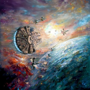 Millennium Falcon Canvas Print – Star Wars Wall Art for Office or Home, Framed Sci-Fi Decor, Geek Gift for Him, Space Battle Wall Hanging