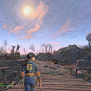 Impresión artística de Fallout, arte de videojuegos en lienzo, pintura de Fallout 4, regalo de Fallout, decoración del hogar de Wasteland, obra de arte de Man Cave, póster de juegos enmarcado