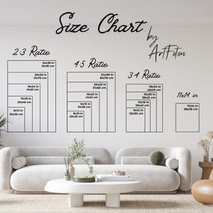May include: A size chart by ArtFoton, with dimensions in inches and centimeters. The chart displays various aspect ratios, including 2:3, 4:5, 3:4, and 11x14 inches, with corresponding measurements in cm. The chart is displayed on a white wall.