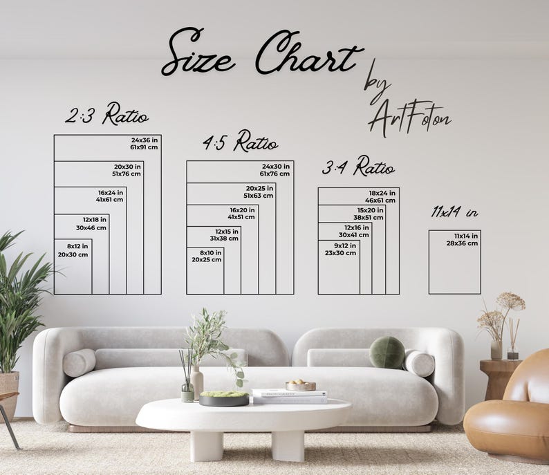 May include: A size chart by ArtFoton, with dimensions in inches and centimeters. The chart displays various aspect ratios, including 2:3, 4:5, 3:4, and 11x14 inches, with corresponding measurements in cm. The chart is displayed on a white wall.