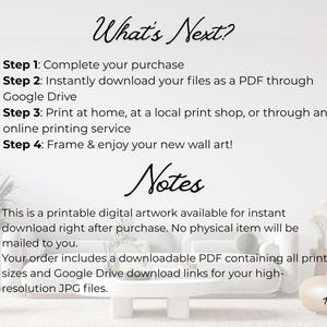 May include: A digital art print with instructions. Text reads "What's Next?" followed by steps to purchase, download, print, and frame. Additional notes explain the digital download process. The ArtFoton logo is visible.