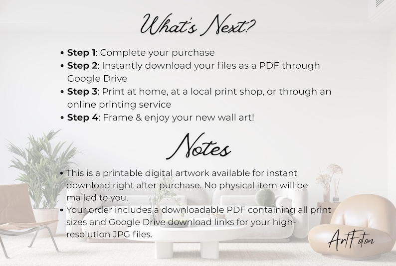 May include: A digital art print with instructions. Text reads "What's Next?" followed by steps to purchase, download, print, and frame. Additional notes explain the digital download process. The ArtFoton logo is visible.